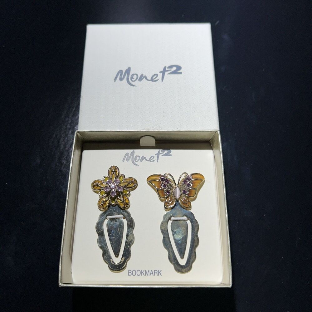 Monet Enamel Gold tone Rhinestone Butterfly/Flower Bookmarks - Set of 2